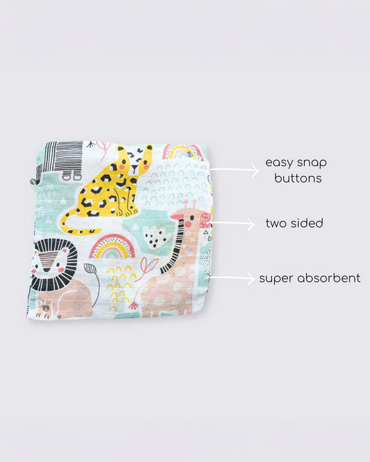 Cocoon Care Bamboo Muslin Bandana Bib & Wash Cloth-Jungle Safari-Super Absorbent-For Infants