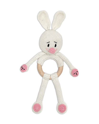 Happy Threads Cuddly Bunny Crochet Rattle Toy-Teething Relief & Easy to Grasp-For Infants