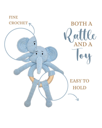 Happy Threads Tiny Trunki Elephant Crochet Rattle Toy-Teething Relief & Easy to Grasp-For Infants