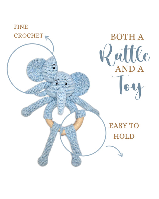 Happy Threads Tiny Trunki Elephant Crochet Rattle Toy-Teething Relief & Easy to Grasp-For Infants