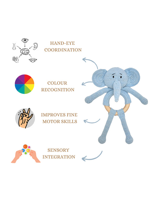 Happy Threads Tiny Trunki Elephant Crochet Rattle Toy-Teething Relief & Easy to Grasp-For Infants
