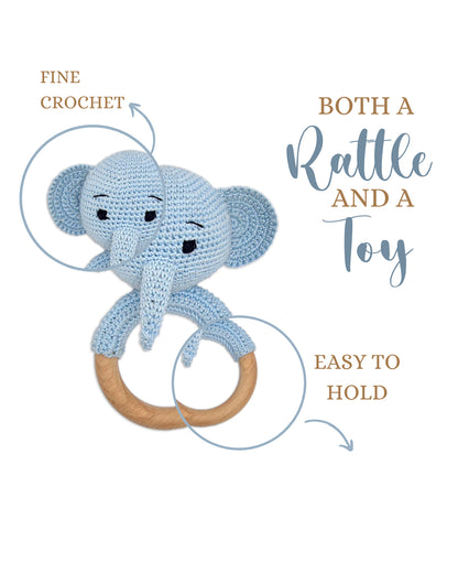 Happy Threads Tiny Trunki Elephant Crochet Ring Rattle Toy-Teething Relief & Easy to Grasp-For Infants