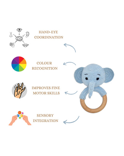 Happy Threads Tiny Trunki Elephant Crochet Ring Rattle Toy-Teething Relief & Easy to Grasp-For Infants