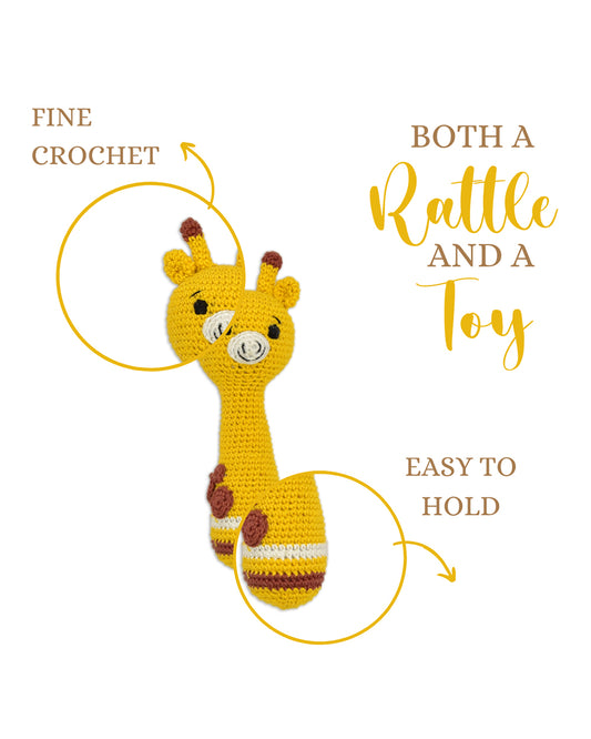 Happy Threads Giraffe Giggles Stick Rattle Crochet Rattle Toy-Teething Relief & Easy to Grasp-For Infants
