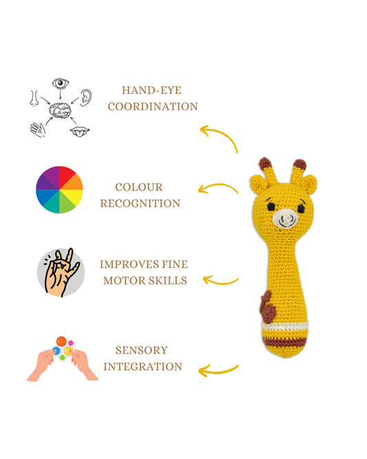 Happy Threads Giraffe Giggles Stick Rattle Crochet Rattle Toy-Teething Relief & Easy to Grasp-For Infants