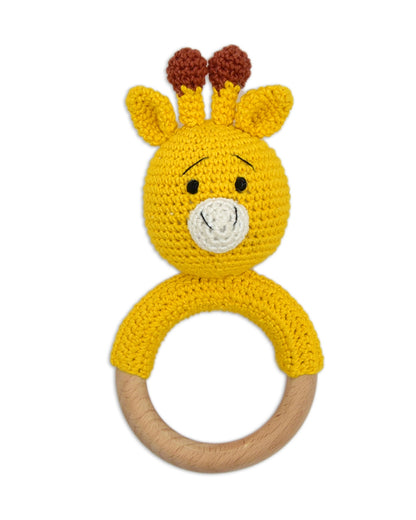 Happy Threads Giraffe Giggles Crochet Ring Rattle Toy-Teething Relief & Easy to Grasp-For Infants