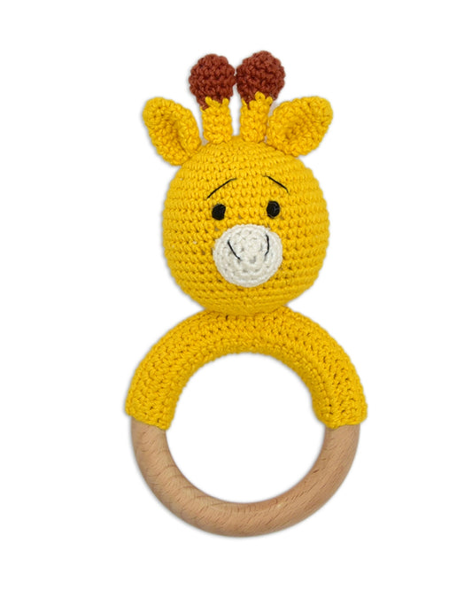 Happy Threads Giraffe Giggles Crochet Ring Rattle Toy-Teething Relief & Easy to Grasp-For Infants