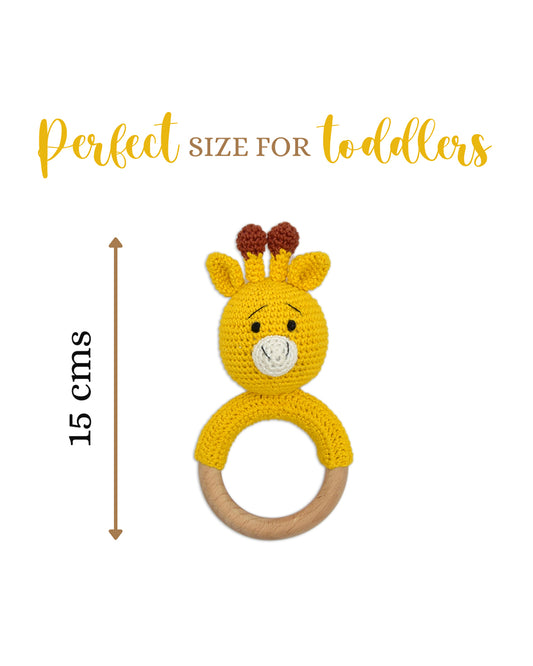 Happy Threads Giraffe Giggles Crochet Ring Rattle Toy-Teething Relief & Easy to Grasp-For Infants