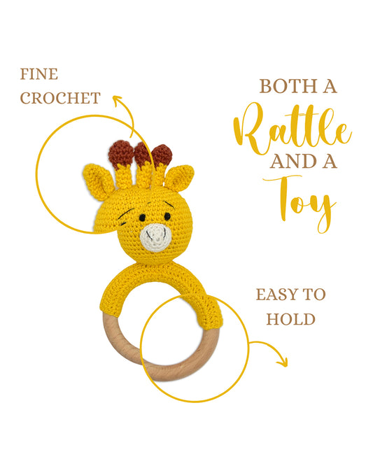 Happy Threads Giraffe Giggles Crochet Ring Rattle Toy-Teething Relief & Easy to Grasp-For Infants