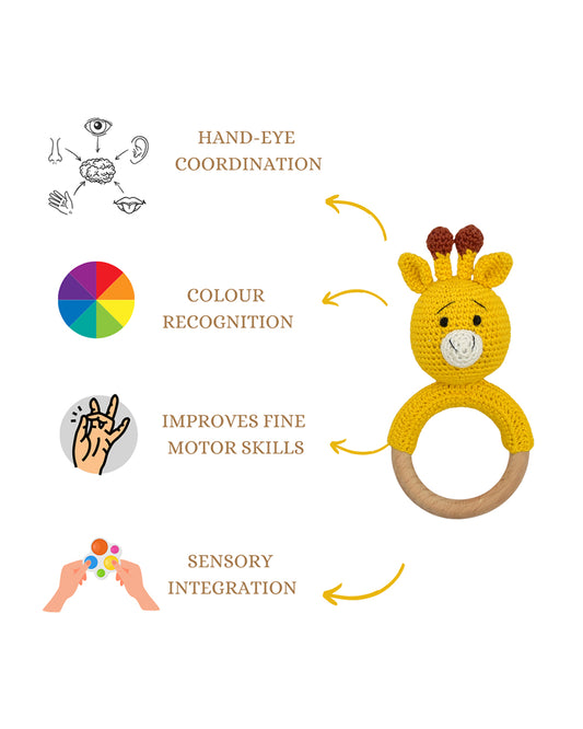 Happy Threads Giraffe Giggles Crochet Ring Rattle Toy-Teething Relief & Easy to Grasp-For Infants