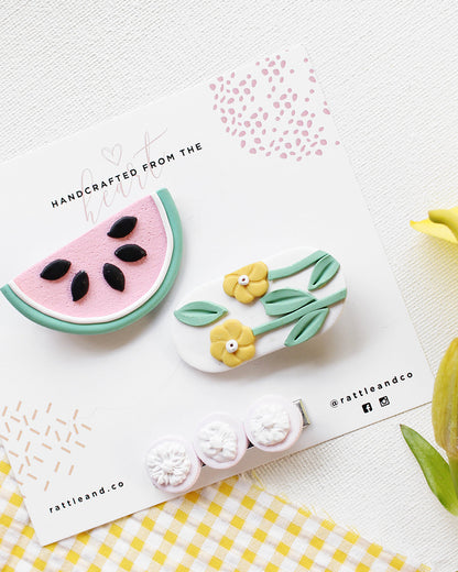 Rattle & Co. Multicolor Hair Clips-Printed-Polymer Clay-Pack of 3-For Infants