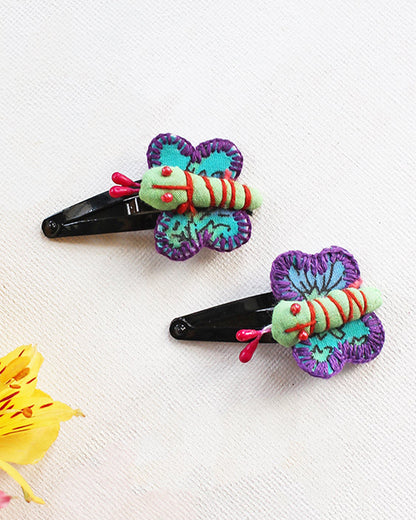 Rattle & Co. Multicolor Hair Clips-Cotton- Butterfly Embroidered-Pack of 2-For Infants