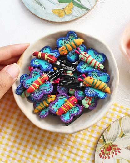 Rattle & Co. Multicolor Hair Clips-Cotton- Butterfly Embroidered-Pack of 2-For Infants