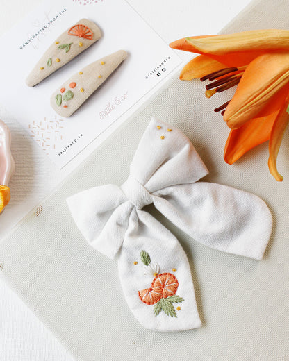 Rattle & Co. White & Beige Hair Clips-Embroidered-Cotton-Pack of 3-For Infants