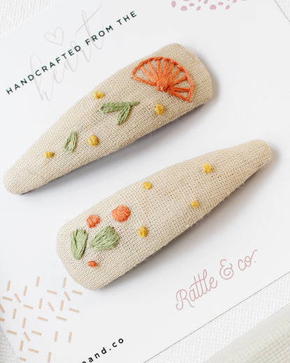 Rattle & Co. White & Beige Hair Clips-Embroidered-Cotton-Pack of 3-For Infants