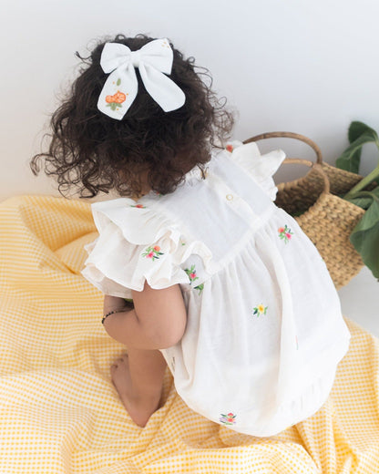 Rattle & Co. White & Beige Hair Clips-Embroidered-Cotton-Pack of 3-For Infants