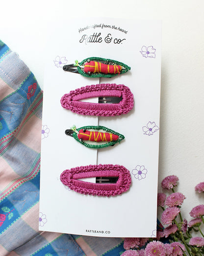 Rattle & Co. Pink & Green Hair Clips-Cotton-Embroidered-Pack of 4-For Infants