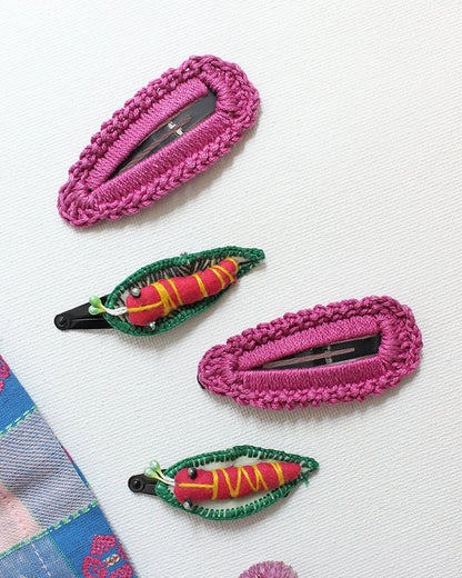 Rattle & Co. Pink & Green Hair Clips-Cotton-Embroidered-Pack of 4-For Infants