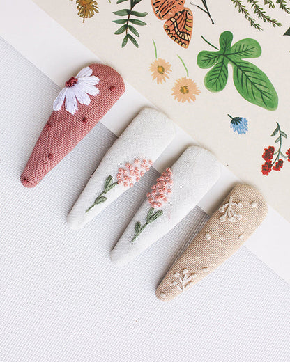 Rattle & Co. White & Beige Hair Clips-Embroidered-Cotton-Pack of 4-For Infants