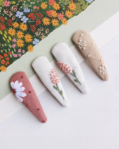 Rattle & Co. White & Beige Hair Clips-Embroidered-Cotton-Pack of 4-For Infants