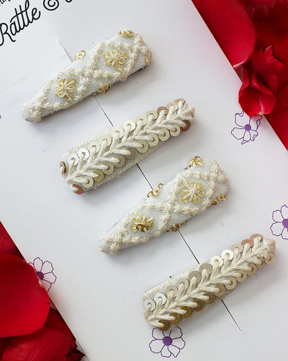 Rattle & Co. White & Gold Hair Clips-Embroidered-Pack of 4-For Infants