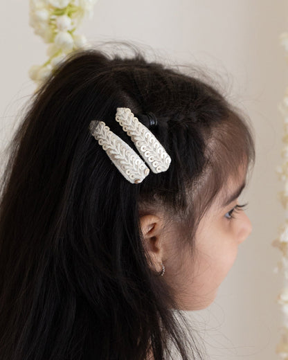 Rattle & Co. White & Gold Hair Clips-Embroidered-Pack of 4-For Infants