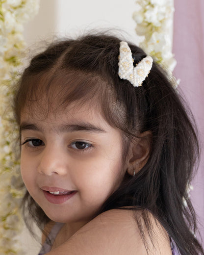 Rattle & Co. White & Gold Hair Clips-Embroidered-Pack of 4-For Infants