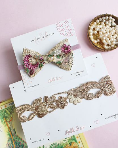 Rattle & Co. Gold Headbands-Lace-Embroidered-Pack of 2-For Infants