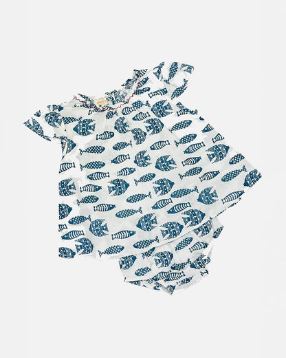 The Almirah White & Navy Blue Dress with Bloomer-Inkfish-Cotton-For Infants