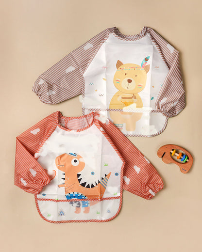 Kicks & Crawl Animal Friends Full Sleeve Bibs-Pack of 2-Velcro Closure with Food Catching Pouch -0M to 24M