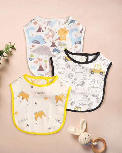 Kicks & Crawl Boys N Drool Reusable Plastic Bibs-Pack of 3 - Velcro Closure with Food Catching Pouch - For Infants