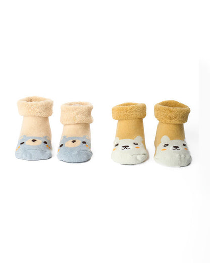 Kicks & Crawl Peach & Yellow Socks-Cuddle & Bear-Cotton & Polyester-Pack of 2-For Infants