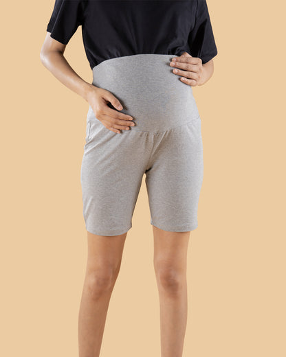 Wobbly Walk Grey Maternity Shorts-Solid Color-Cotton-Skinny Fit-Bump Friendly