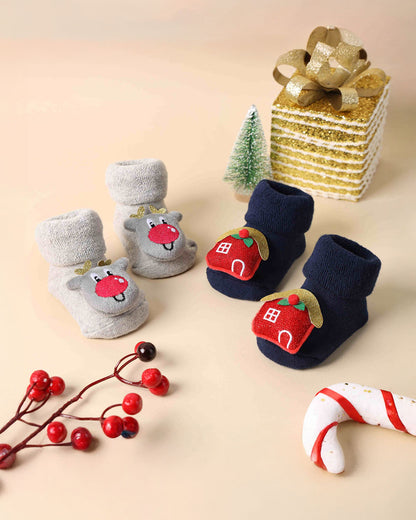 Kicks & Crawl Navy Blue & Grey Socks-Festive Cheer-Cotton & Polyester-Pack of 2-For Infants