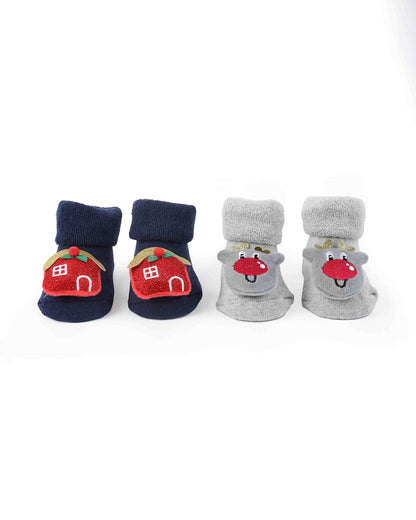 Kicks & Crawl Navy Blue & Grey Socks-Festive Cheer-Cotton & Polyester-Pack of 2-For Infants
