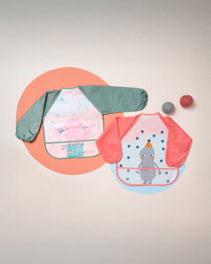 Kicks & Crawl Flap and Splash Full Sleeve Bibs-Pack of 2 -Velcro Closure with Food Catching Pouch - 0M to 24M