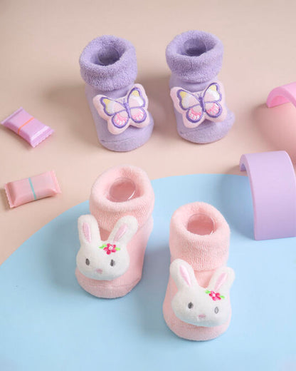 Kicks & Crawl Lilac & Peach Socks-Happy Flutters-Cotton & Polyester-Pack of 2-For Infants