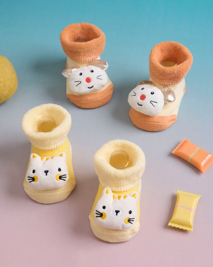 Kicks & Crawl Orange & Yellow Socks-Mice & Meow-Cotton & Polyester-Pack of 2-For Infants