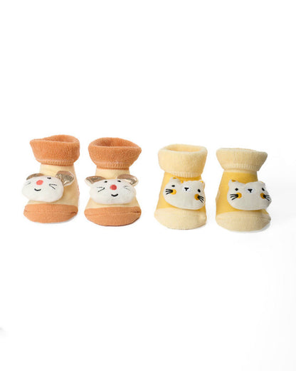 Kicks & Crawl Orange & Yellow Socks-Mice & Meow-Cotton & Polyester-Pack of 2-For Infants