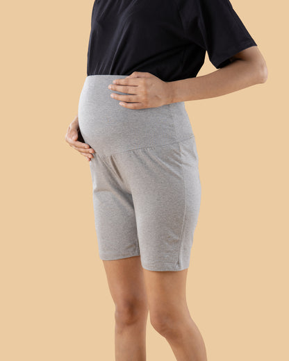 Wobbly Walk Grey Maternity Shorts-Solid Color-Cotton-Skinny Fit-Bump Friendly