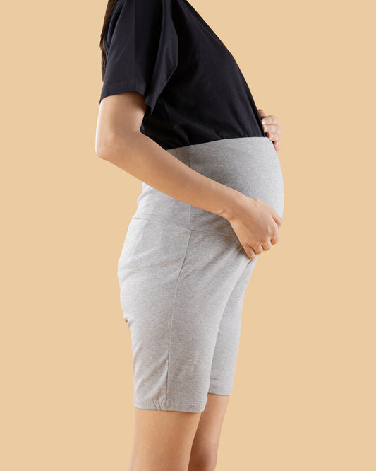 Wobbly Walk Grey Maternity Shorts-Solid Color-Cotton-Skinny Fit-Bump Friendly