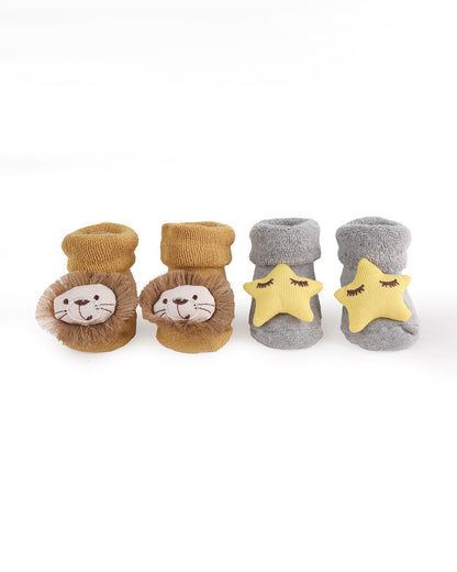 Kicks & Crawl Grey & Tan Socks-Star Lion-Cotton & Polyester-Pack of 2-For Infants
