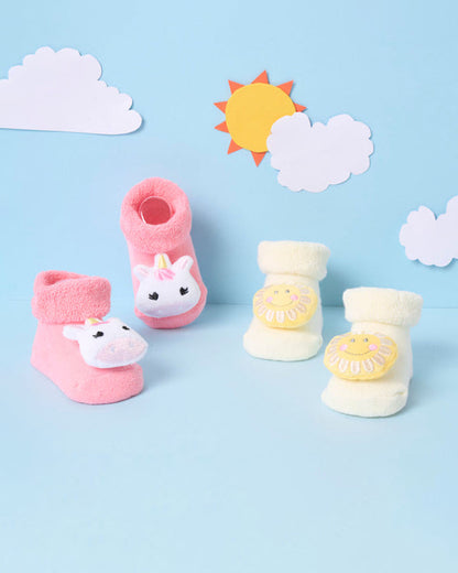 Kicks & Crawl Cream & Peach Socks-Unicorn Shine-Cotton & Polyester-Pack of 2-For Infants