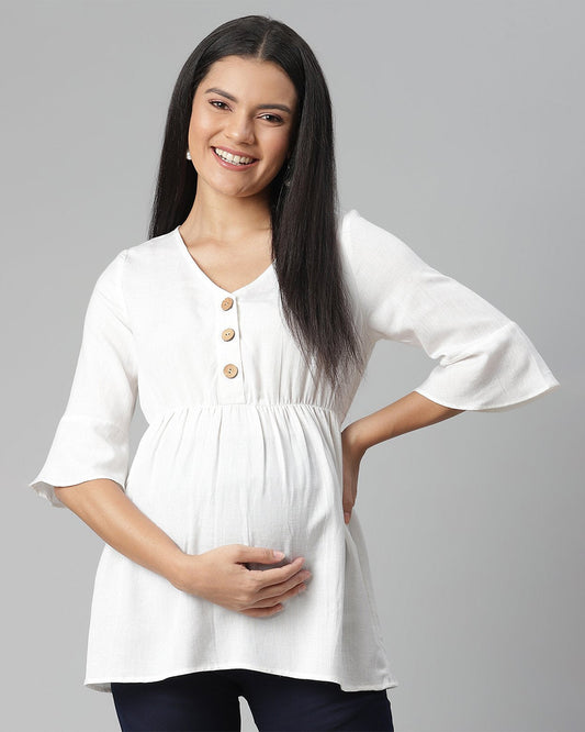 Wobbly Walk White Maternity Nursing Top-Solid Color-Linen-Bump Friendly