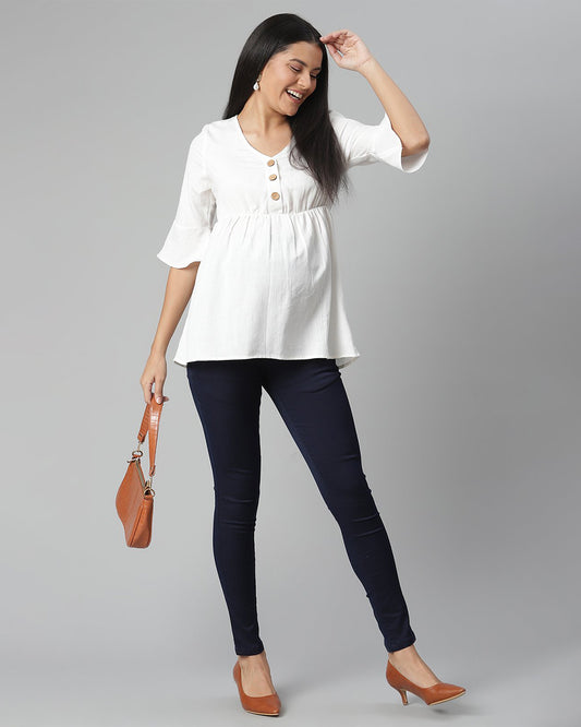 Wobbly Walk White Maternity Nursing Top-Solid Color-Linen-Bump Friendly