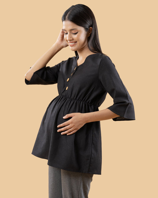 Wobbly Walk Black Maternity Nursing Top-Solid Color-Linen-Bump Friendly