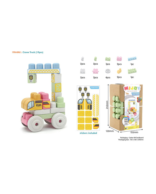 Sunta Mijoy Rice Husk Building Blocks-Crane Truck-19 Eco-Friendly Bio Plastic Pieces With Themed Stickers-Boosts Creativity & Motor Skills-18M+