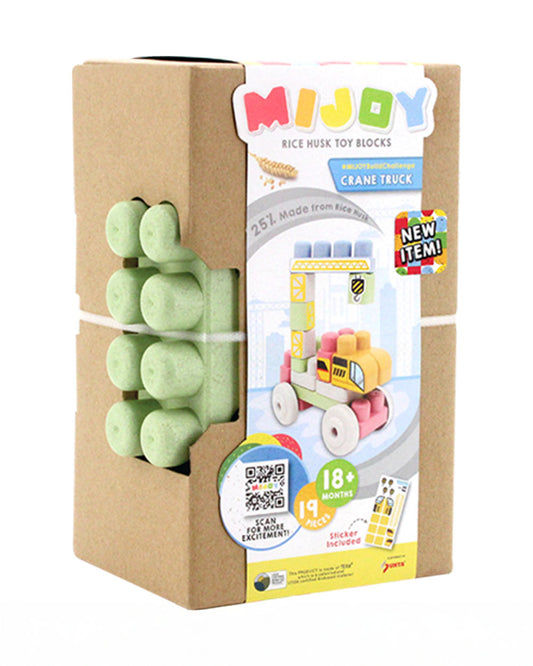 Sunta Mijoy Rice Husk Building Blocks-Crane Truck-19 Eco-Friendly Bio Plastic Pieces With Themed Stickers-Boosts Creativity & Motor Skills-18M+