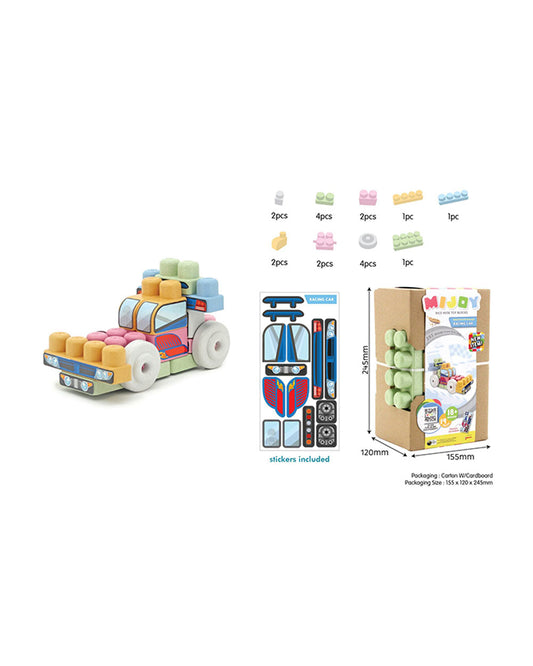 Sunta Mijoy Rice Husk Building Blocks-Racing Car-19 Eco-Friendly Bio Plastic Pieces With Themed Stickers-Boosts Creativity & Motor Skills-18M+