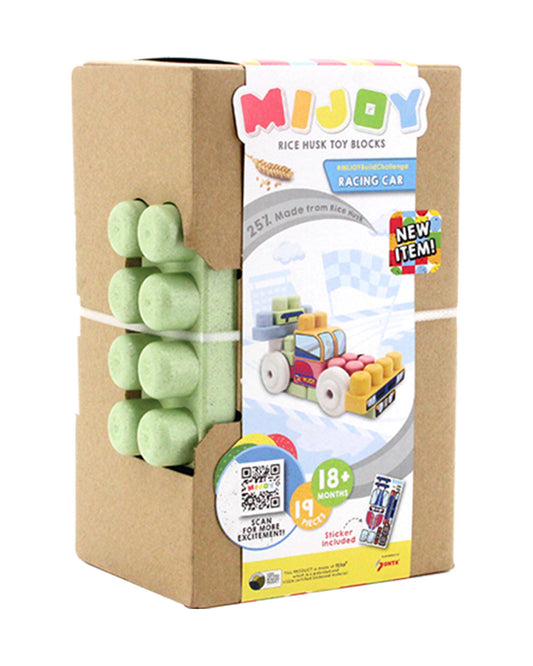Sunta Mijoy Rice Husk Building Blocks-Racing Car-19 Eco-Friendly Bio Plastic Pieces With Themed Stickers-Boosts Creativity & Motor Skills-18M+